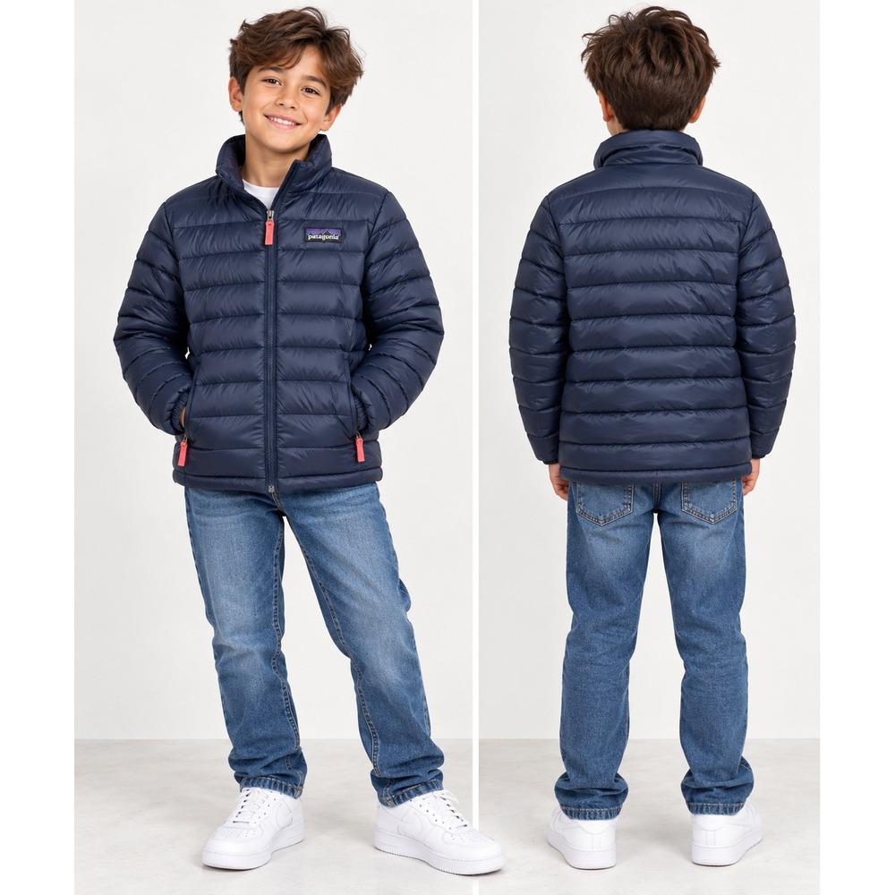 Patagonia Kids Large 12 Down Sweater Jacket Smolder Blue Quilted Puffer Full Zip
